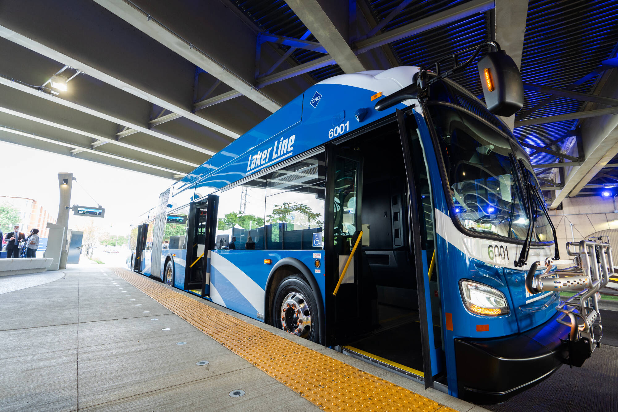 The Laker Line stopped under a bridge downtown.